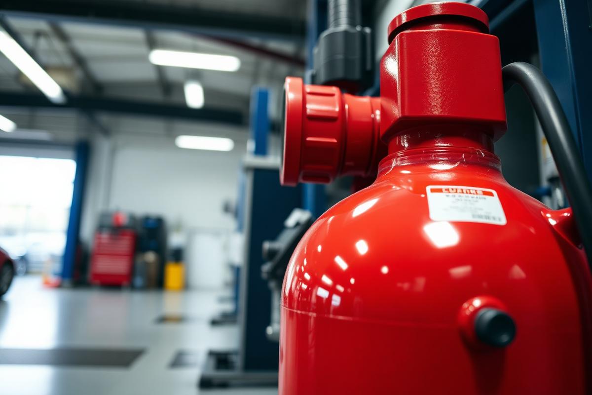 Close-up of red Chicago Pneumatic air compressor in a service shop
